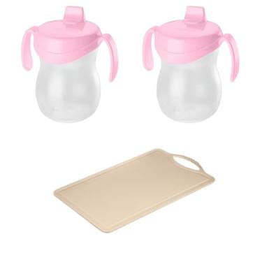 Imagem de Conjunto de 1 Tábua Bege Plástica de Corte para Alimentos + 2 Copo Infantil Atóxico de Plástico Rosa 310ml