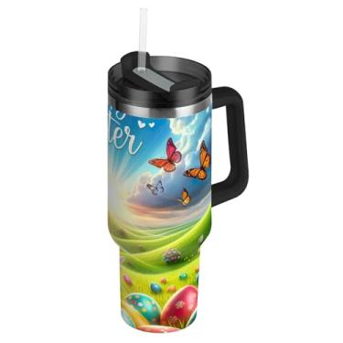 Imagem de Joisal Coelhos de Páscoa coloridos para ovos com tampas e canudo de aço inoxidável isolado copo de garrafa de água com alça 850.5 g rosa fofo carro copo de café