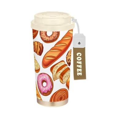 Imagem de TSENQUE Copo de café de viagem 473 ml com canudo e tampa de filme, caneca de café de aço inoxidável à prova de vazamento para escritório, escola, festa, acampamento, padaria, pães e impressões