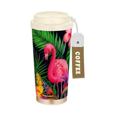 Imagem de TSENQUE Caneca de café de viagem de 473 ml, copo de caneca de café com revestimento cerâmico com tampa e canudo, copo isolado a vácuo de aço inoxidável, flamingos rosa vívidos, folhas verdes
