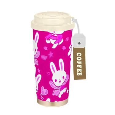Imagem de TSENQUE Copo de café de viagem de 473 ml com tampa de canudo e filp, caneca de café de aço inoxidável isolada a vácuo com revestimento cerâmico, à prova de vazamento, coelhos rosa fofos corações rosa