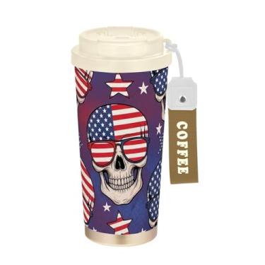 Imagem de TSENQUE Caneca de café de viagem 40 ml com canudo e tampa, revestimento cerâmico isolado a vácuo copo de café de aço inoxidável à prova de vazamento, desenhos de caveira bandeira americana