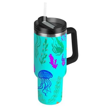 Imagem de Copos coloridos de algas marinhas azuis com tampa e canudos Copo moderno de 1,134 g com alça garrafas de água isoladas caneca de café quente de aço inoxidável para carros