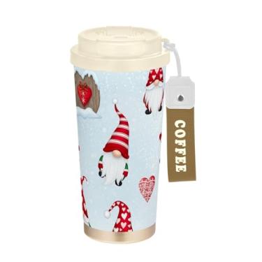 Imagem de Caneca de viagem de café 40 ml com revestimento cerâmico, copo de café de viagem de aço inoxidável com canudo e tampa, copo isolado a vácuo, lindos gnomos de Natal vermelhos
