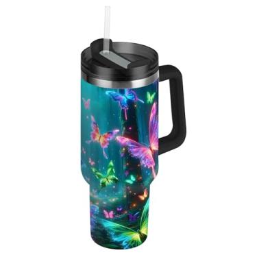 Imagem de Joisal Magical Neon Glow Butterflies Tumblers com tampas e canudos Garrafa de água isolada de aço inoxidável 1,134 g Copo com alça impressão carros xícara de café bebida quente