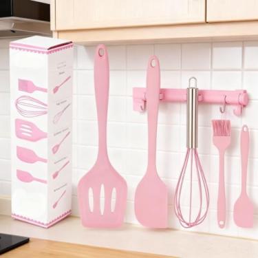 Imagem de Conjunto de espátulas de silicone rosa de 5 peças • Utensílios de cozinha resistentes ao calor para assar e cozinhar