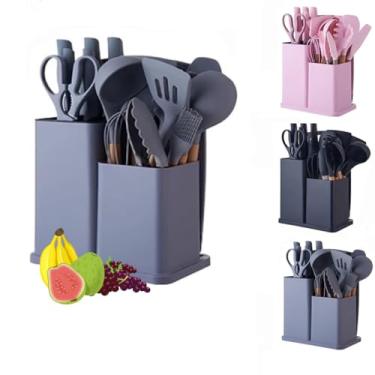 Imagem de Kit de Utensílios para Cozinha em Silicone com 19 Peças, Cabo de Madeira, Espátula Antiaderente, Concha, Colher, Faca, Tesoura, Tábua de Cortar e Suporte Organizador (CINZA)