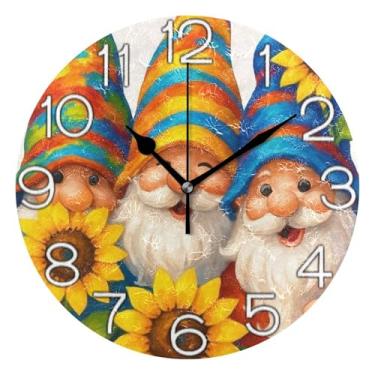 Imagem de Gnomos caprichosos girassóis decorativo relógio de parede analógico escritório cozinha relógio estético silencioso sem tique-taque, arte de parede moderna legal decoração de casa, 25 cm, ponteiros