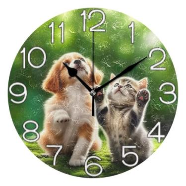 Imagem de GAIGEO Relógio de parede analógico decorativo relógio de cozinha rústico redondo sem tique-taque silencioso, arte de parede boho, decoração de casa, gatinho fofo brincalhão, 25 cm, ponteiros dourados