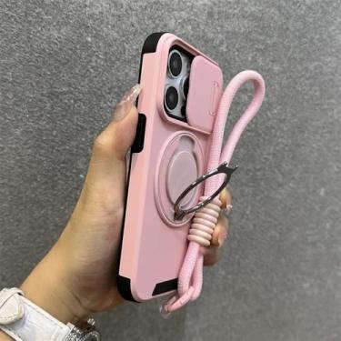 Imagem de Capa Armor com suporte magnético para iPhone 16e, 16, 14, 13, 12, 11, 15 Pro Max Plus, com cordão deslizante, proteção para câmera, capa à prova de choque, rosa, para iPhone 15 Pro