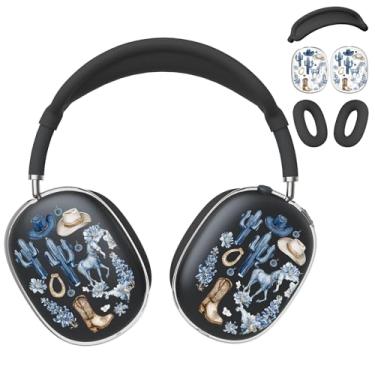 Imagem de BlHMCASE Capa de fone de ouvido para AirPods Max, capa transparente para fones de ouvido azul caubói ocidental, capa de silicone preta para Apple AirPods Max