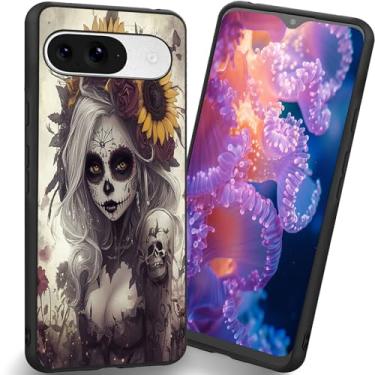 Imagem de RUUHLJLET Projetada para Google Pixel 10/10 Pro de 6,3 polegadas, a capa fosca macia oferece proteção total (caveira de açúcar e girassol)