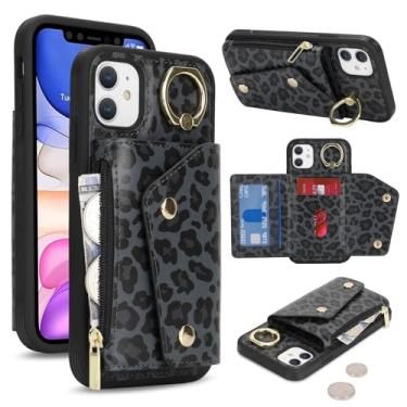 Imagem de Lipvina Capa carteira para iPhone 11 com porta-cartões - bolso com zíper, compartimentos para cartão de crédito, bloqueio RFID, anel de suporte, capa de encaixe duplo de couro sintético para mulheres