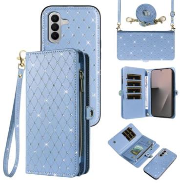 Imagem de Asuwish Capa de celular para Samsung Galaxy Z Fold 7 com zíper destacável carteira celular com alça transversal brilhante flip porta-cartões ZFold Z7 G Fold7 7Z mulheres homens meninas azul claro