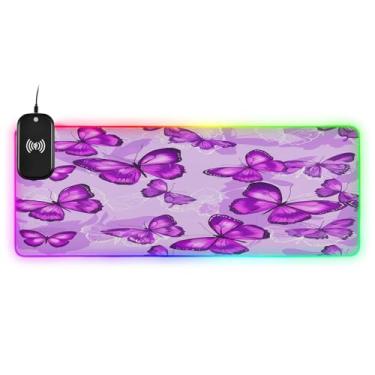 Imagem de CEBUGI Mouse pad de carregamento sem fio Purple Butterflies 15W Fast Gaming Mouse Pad com 14 iluminação LED RGB para jogos, PC, laptop, mesa 80 x 30 cm