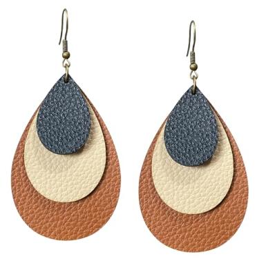 Imagem de TIANBANGSHI Brincos femininos boho de couro sintético com três camadas, gota, gota d'água, vintage, boêmio, hippie, joia para presente, Small, Couro, Sem pedra preciosa