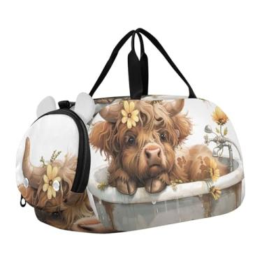 Imagem de Bolsa esportiva Dragon and Castle para meninas, bolsa de viagem noturna, para meninos e crianças, Linda flor de vaca Highland, Clássico