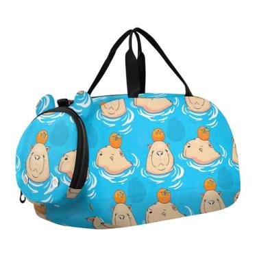 Imagem de Golden Deer Fir Trees Bolsa de mão branca para meninos e meninas de fim de semana com alça de ombro, Linda capivara azul, Clássico