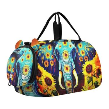 Imagem de Abóbora preta bruxa gato meninos bolsa esportiva infantil para fim de semana bolsas de viagem para meninas bolsa esportiva infantil, Girassóis de elefante azul, Clássico