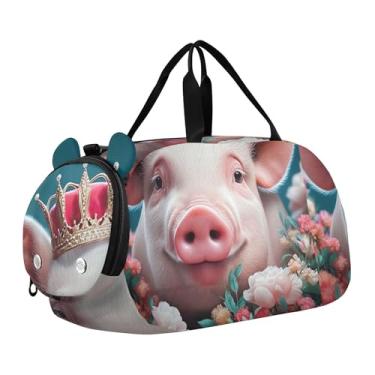 Imagem de Bolsa esportiva para meninos, bolsa de viagem com livros azuis de coruja fofa, bolsa de viagem para academia infantil, Lindas flores de coroa com estampa de porco, Clássico