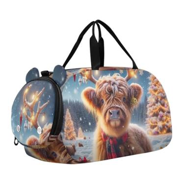 Imagem de Abóbora preta bruxa gato meninos bolsa esportiva infantil para fim de semana bolsas de viagem para meninas bolsa esportiva infantil, Linda vaca Highland de Natal, Clássico