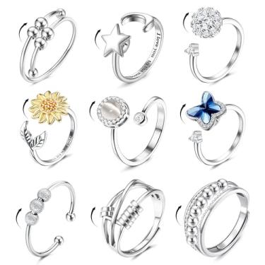 Imagem de ORAZIO 9Pcs Fidget Anxiety Ring for Women Men Spinner Ring for Anxiety Stress Relief Adjustable Open CZ Flower Butterfly Bee Sun Moon Star Bead Rotatable Spinning Figet Calm Rings Silver Set S2