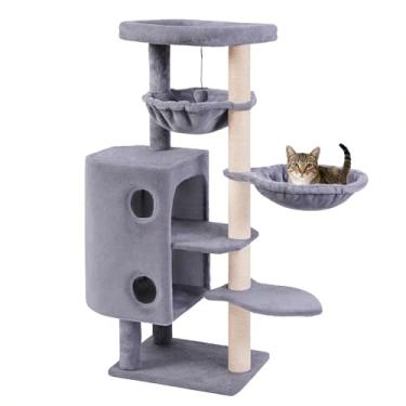 Imagem de Árvore para gatos com dois condomínios e duas redes, postes para arranhar, torre para gatos de vários níveis com poleiro espaçoso, torre de árvore para gatos internos, móveis para gatos que economizam