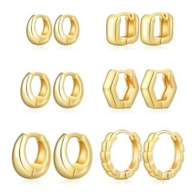 Imagem de Wgoud Conjunto de brincos pequenos de argola de ouro para mulheres, 6 pares de brincos de argola leves e hipoalergênicos banhados a ouro 14K, brincos modernos de zircônia cúbica de cartilagem para