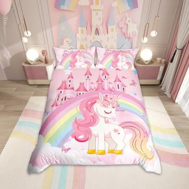 Imagem de Erosebridal Jogo de cama para meninas, unicórnio, arco-íris, princesa, rosa, unicórnio, adolescentes, kawaii, castelo, estrelas, reversível, desenho animado, cavalo, fantasia, decoração de quarto de
