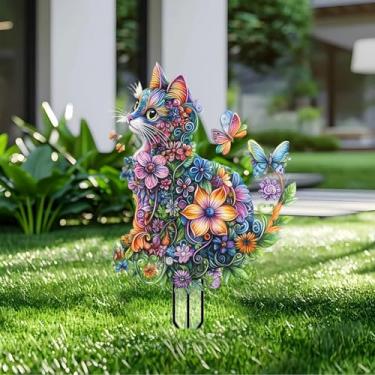 Imagem de Estacas de jardim de gato para decoração de jardim em acrílico - decoração de placa acrílica de jardim 2D, arte de quintal de fantasia, presente para amantes da natureza, para vasos de flores internos