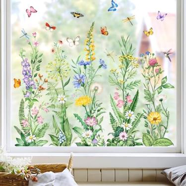 Imagem de Tanlaby Adesivos para janela de flores primavera verão floral grama flores silvestres adesivos de janela com borboleta verde planta estática decalques de janela para decoração de portas de vidro de