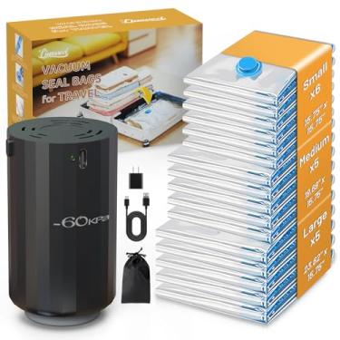 Imagem de Ljusved Sacos de vedação a vácuo para viagens com bomba elétrica de alta pressão – Sacos de embalagem a vácuo para armazenamento a vácuo selados para roupas em tamanho de mão, combo com 16