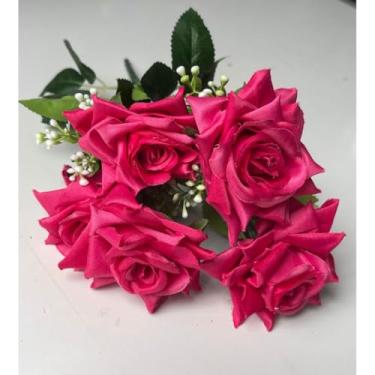 Imagem de Rosa Artificial com 5 flores (De ponta)(Rosa pink,Kit com 3 Unidades)