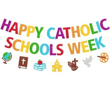 Imagem de Faixa Happy Catholic Schools Week Banner Catholic Schools Week Celebration Banner, Rainbow Colors, Tema Educacional com Ícones Religiosos, Exibição Decorativa Escolar