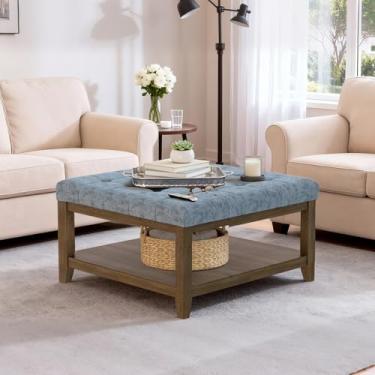 Imagem de ABHENG Otomana quadrada grande de 80 cm, mesa de sofá de madeira de seringueira sólida com prateleira aberta, banco de pé de até 150 kg, cinza chenille UASND67G