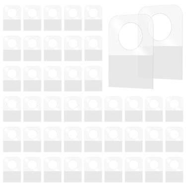 Imagem de 300 etiquetas para pendurar, abas autoadesivas para pendurar, 3 x 2,5 cm, abas de pendurar com orifício redondo, etiquetas adesivas de plástico transparente para exibição de joias de artesanato de