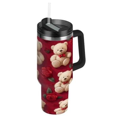 Imagem de ATTX Copo de rosas de urso dos namorados de 1,134 g com alça, copo de aço inoxidável a vácuo de parede dupla com palha, caneca de café de viagem isolada #170