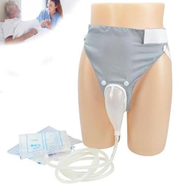 Imagem de Cateteres de preservativos para homens idosos, cateter externo com 2 bolsas de coleta de urina, bolsa de coleta de urina usável, mictórios de silicone portáteis para homens, reutilizáveis (cinza)