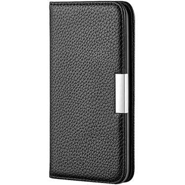 Imagem de BKUANE Capa carteira para Apple iPhone 14 Plus (2022) 6,7 polegadas, padrão de lichia couro magnético flip folio suporte capa de telefone com suporte de cartão (cor: preto)