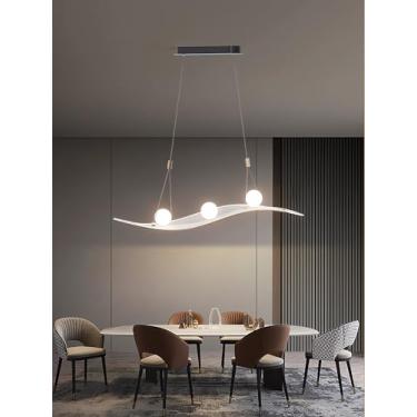 Imagem de Luminária pendente LED moderna com design ondulado para mesa de jantar, com controle remoto, intensidade de luz ajustável e altura regulável, ideal para escritório, sala de jantar, estudo ou
