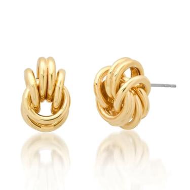 Imagem de Obidos Brincos banhados a ouro 14K com nó de amor | Brincos femininos pequenos | Acessórios modernos simples, hipoalergênicos, modernos, joias de ouro, presentes para mulheres