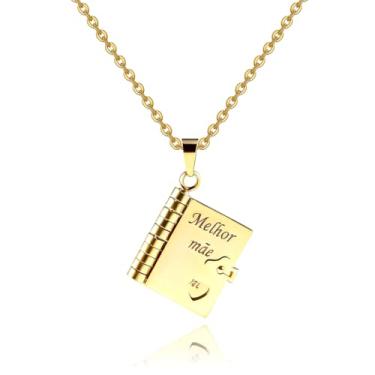 Imagem de FLORA Colar com pingente de mini livro em formato de coração que se abre corrente para clavícula colar com pingente de livro gravado colar em aço titânio moderno e versátil (Melhor mae, Ouro)