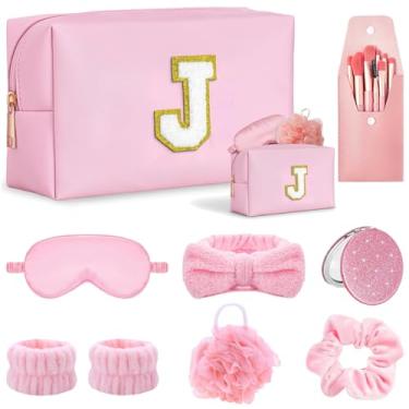 Imagem de Tindisonka Conjunto de presente para mulheres, bolsa de maquiagem inicial J, kit de spa rosa, conjunto de pincéis, faixa de cabeça e pulseiras para cuidados com a pele, lembrancinhas de despedida de