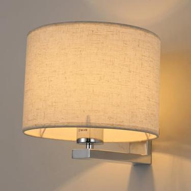 Imagem de QJDLDZTN 1 luz LED, luminária de arandela interna para sala de estar com abajur de tecido cilíndrico, base E27, corpo de ferro para corredor, sala de estar, escritório de estudo