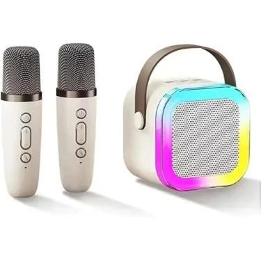 Imagem de Caixa de Som Bluetooth Karaokê Portátil com 2 Microfones Sem Fio, Luzes LED RGB e Alça para Transporte (Branco)