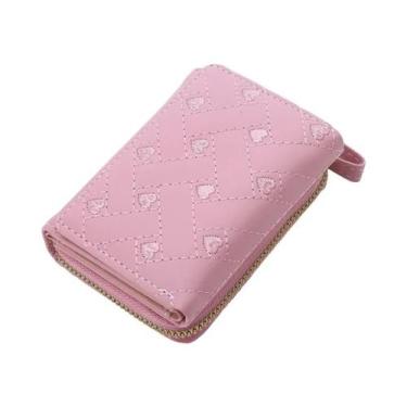 Imagem de Carteira Feminina Curta De Couro PU Com Padrão De Amor Bordado, Dobráv