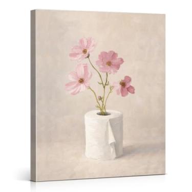 Imagem de Papel higiênico floral engraçado impressão de arte de parede de banheiro lindas flores rosa pintura em tela arte minimalista decoração de parede de banheiro para banheiro banheiro 20 x 25 emoldurado