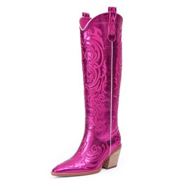 Imagem de iiimmu Botas femininas cowgirl cano alto bico fino e salto bloco cowboy couro sintético com bordado, Magenta metálico, 35
