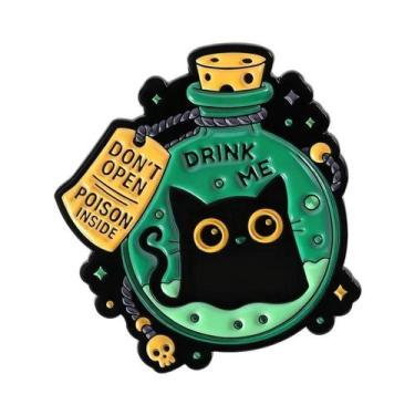 Imagem de Pins De Esmalte De Gato Preto Elfo Com Olhos Grandes Fofos E Poção Mág