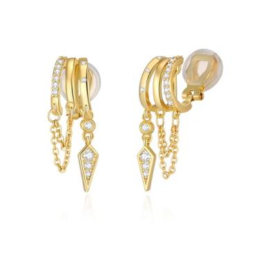 Imagem de Brincos femininos de pressão, lua, estrela, cruz, argola, argola, sem perfuração, ouro, prata, Latão, Zircônia cúbica